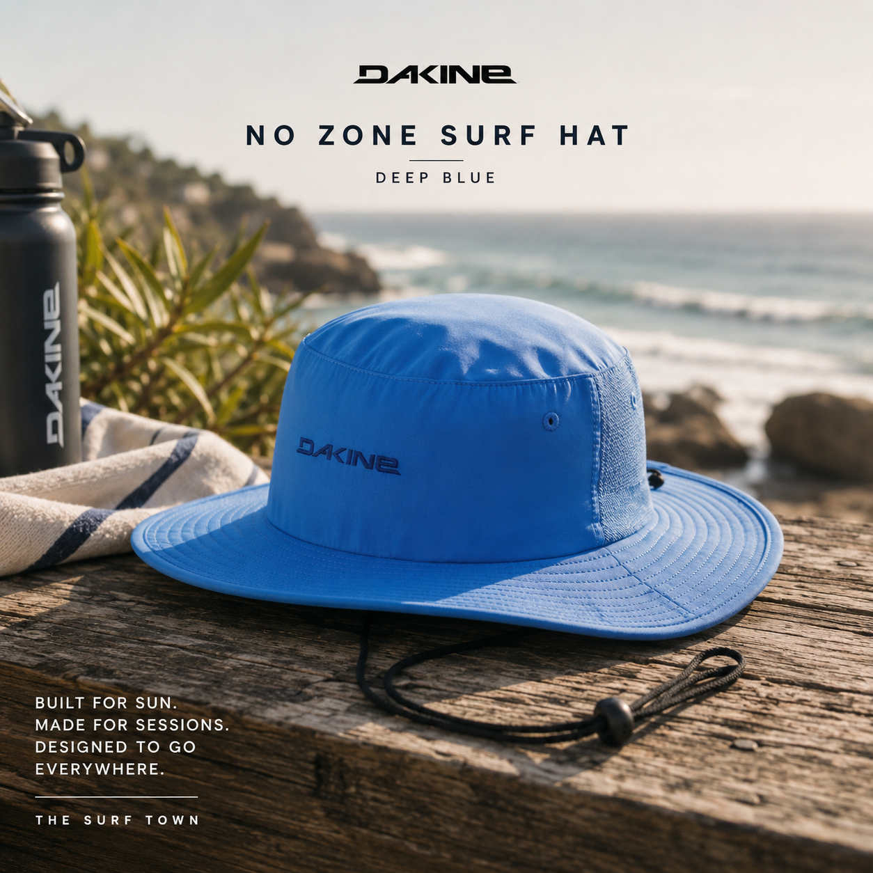 Gorro Dakine No Zone Surf Hat Deep Blue en fotografía editorial propia de THE SURF TOWN con escenario coastal premium y protección solar para surf y playa