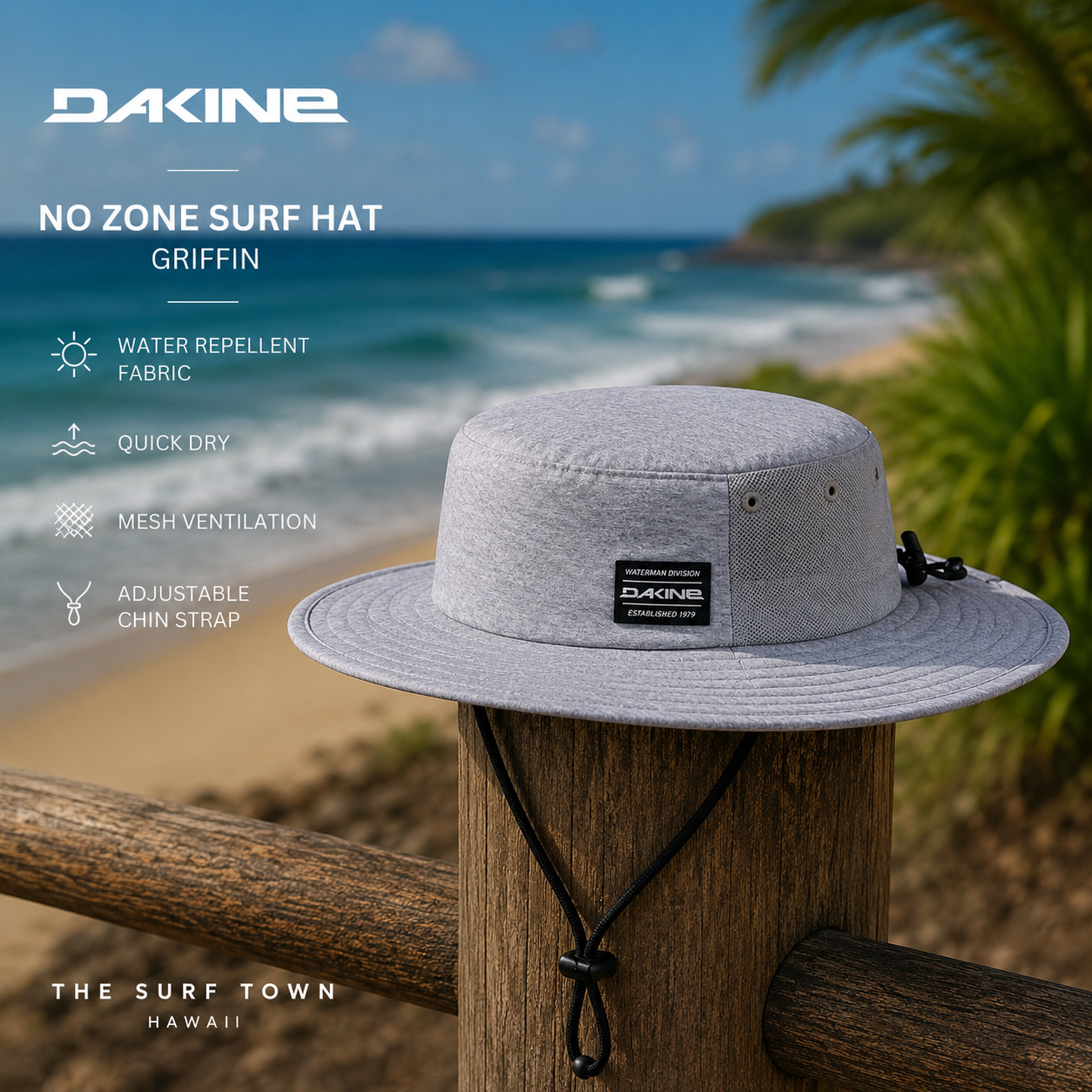 Gorro Dakine No Zone Surf Hat Griffin en fotografía editorial propia de THE SURF TOWN frente al mar con protección solar integral, ala ancha y diseño técnico para surf y actividades acuáticas