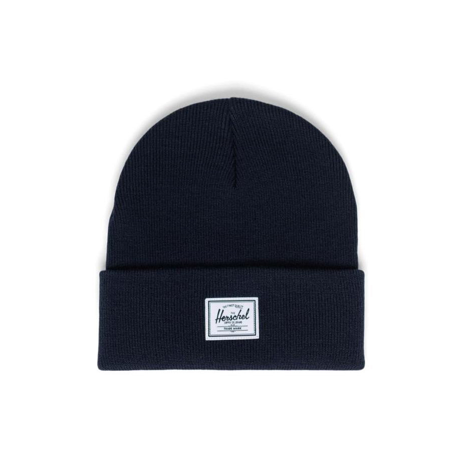 Gorro Herschel Elmer Black Iris azul marino de lana con etiqueta frontal estilo urbano invierno