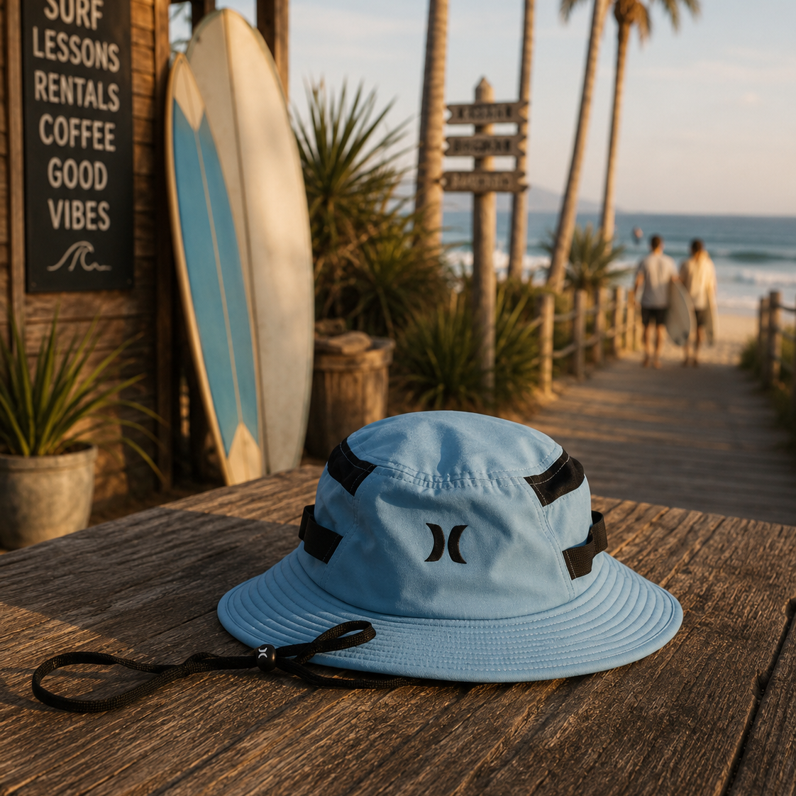 Gorro Hurley 1999 Boonie azul en mesa surf shack frente al mar estilo surf lifestyle premium