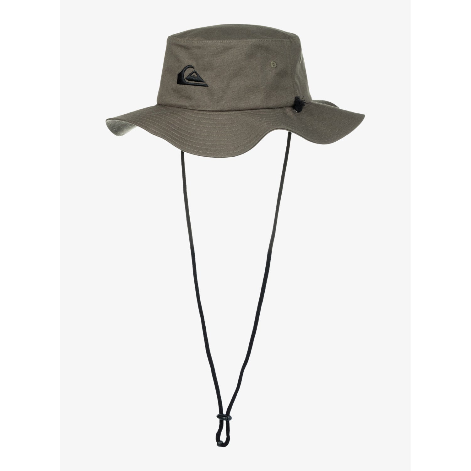 Gorro Quiksilver Bushmaster Thyme verde militar tipo pescador con logo bordado frontal y cordón ajustable