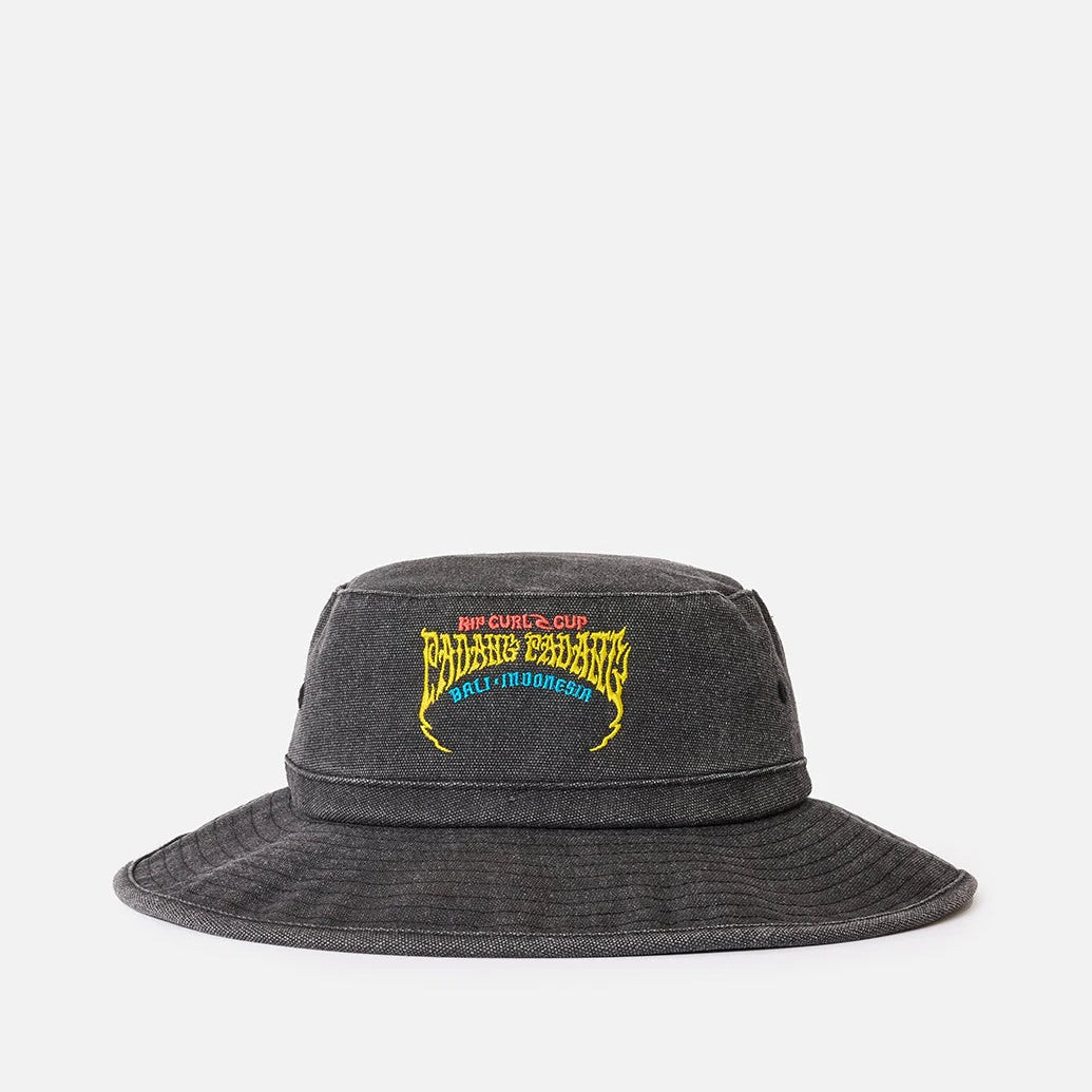 Gorro Rip Curl Padang Cup Prim Hat negro estilo bucket surfwear premium con bordado frontal Padang Cup