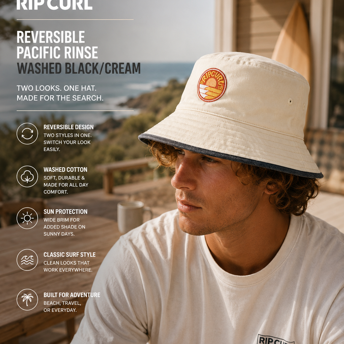 Imagen editorial propia de the surf town modelo con gorro rip curl reversible Pacific Rinse en porsche de casa mirando al mar