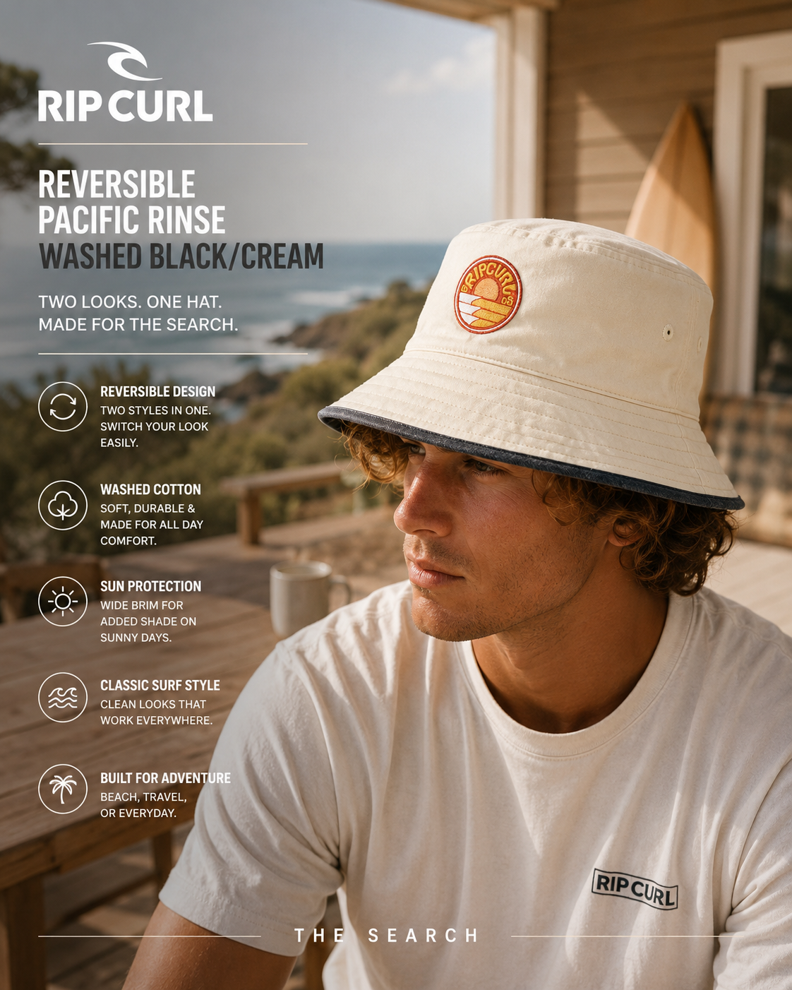Imagen editorial propia de the surf town modelo con gorro rip curl reversible Pacific Rinse en porsche de casa mirando al mar