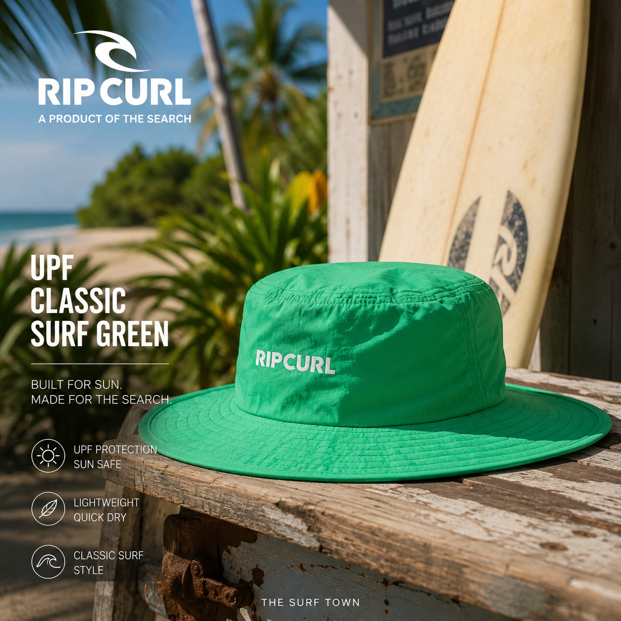 Gorro Rip Curl UPF Classic Surf Green con protección solar y estilo surf para playa y verano
