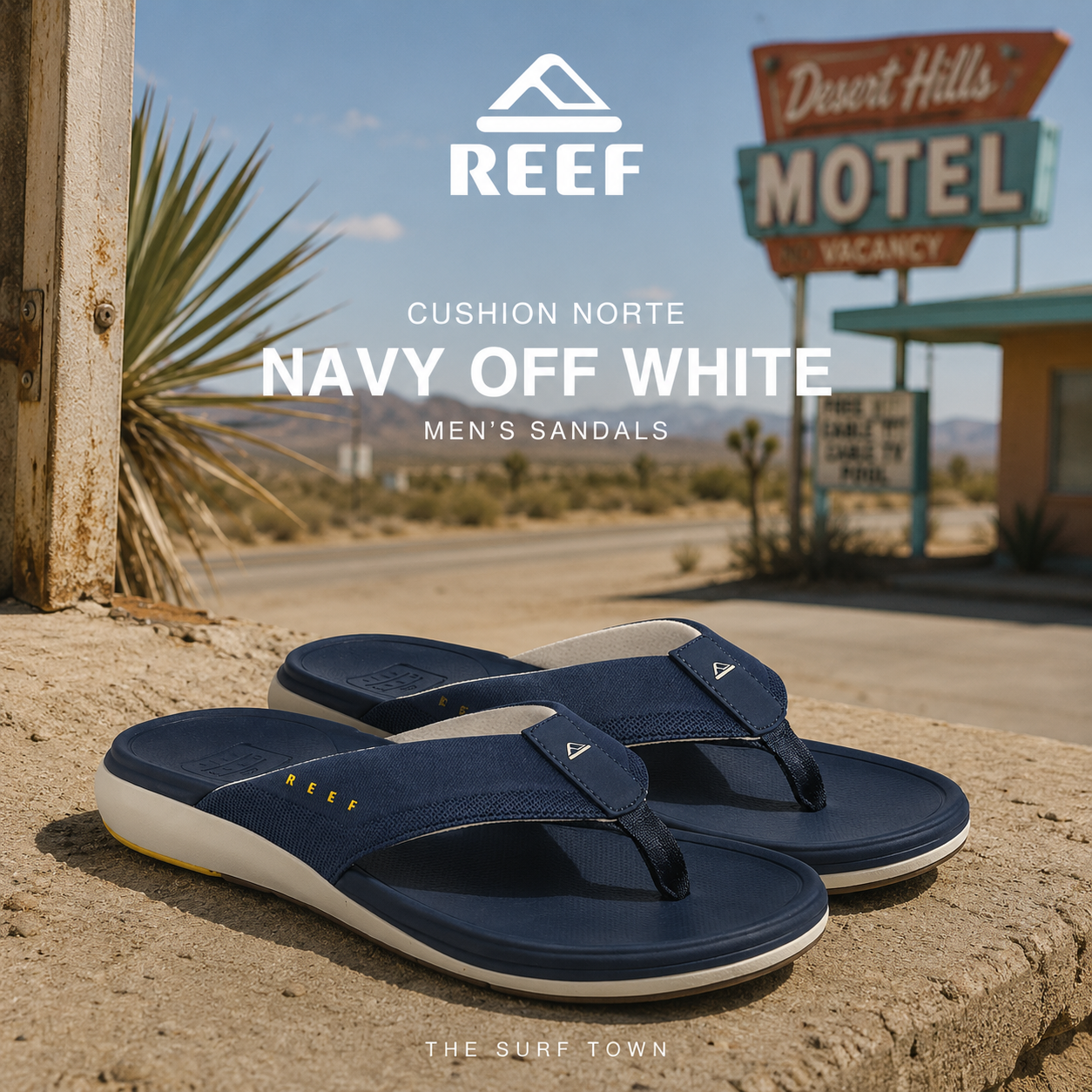 Fotografía propia de THE SURF TOWN de las chanclas Reef Cushion Norte Navy Off White para hombre en un motel vintage de Arizona con estética surf roadtrip y luz diurna premium.
