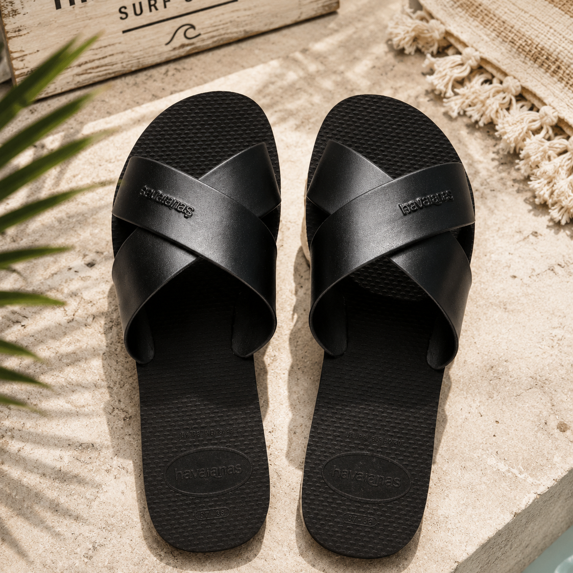 Sandalias Havaianas Aqua Metallic negras para mujer en escenario beach club mediterráneo premium