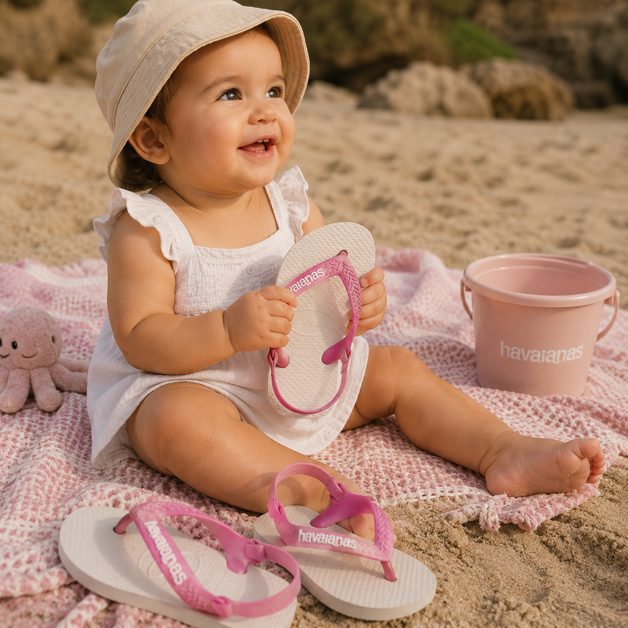 Chanclas Havaianas Baby Tradicional rosa para bebé en escena de playa familiar premium con manta rosa y ambiente mediterráneo veraniego