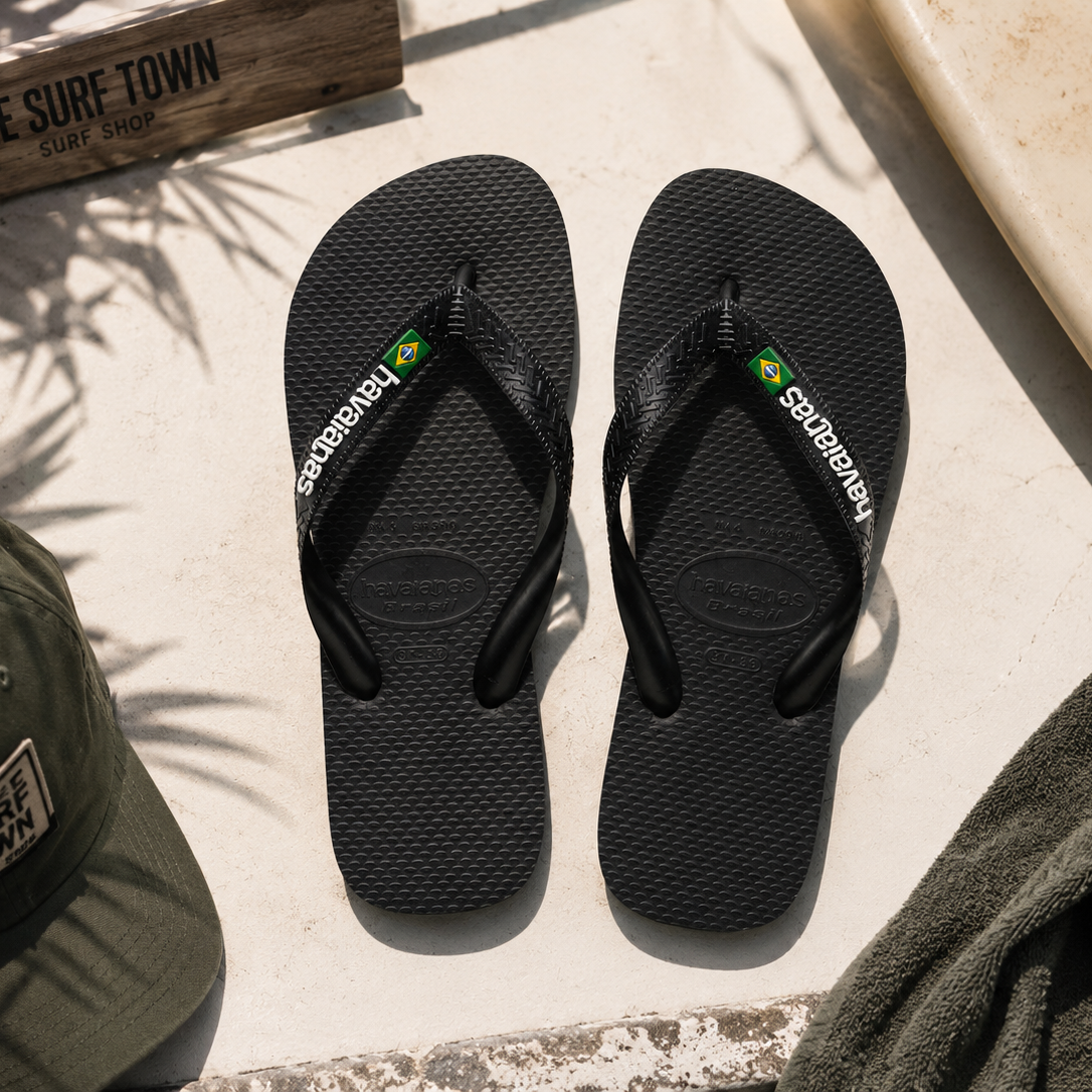 Chanclas Havaianas Brasil Logo negras sobre suelo mediterráneo junto a tabla de surf y accesorios surferos en ambiente lifestyle masculino premium con detalle The Surf Town