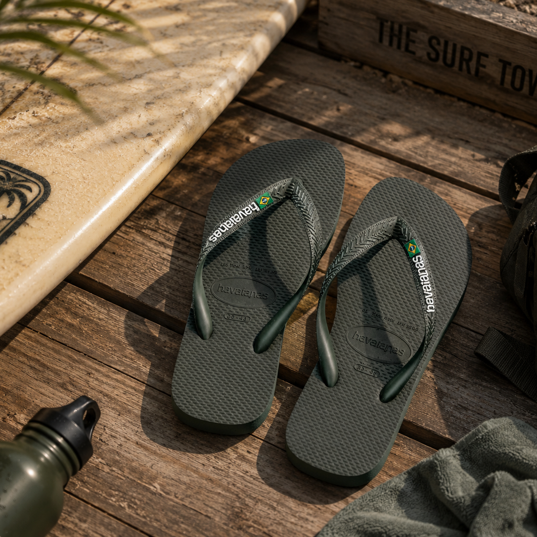 Chanclas Havaianas Brasil Logo verde olive sobre tarima de madera junto a tabla de surf y accesorios surferos en ambiente lifestyle masculino premium con detalle The Surf Town