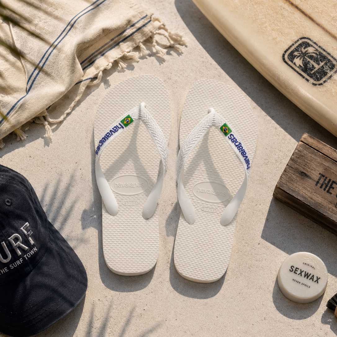 Chanclas Havaianas Brasil Logo blancas sobre suelo mediterráneo junto a tabla de surf y accesorios beach lifestyle premium con detalle The Surf Town Surf Shop