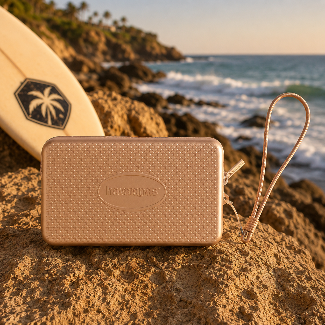 Bolsito Havaianas Mini Bag champagne sobre rocas frente al mar junto a tabla de surf en ambiente coastal lifestyle premium
