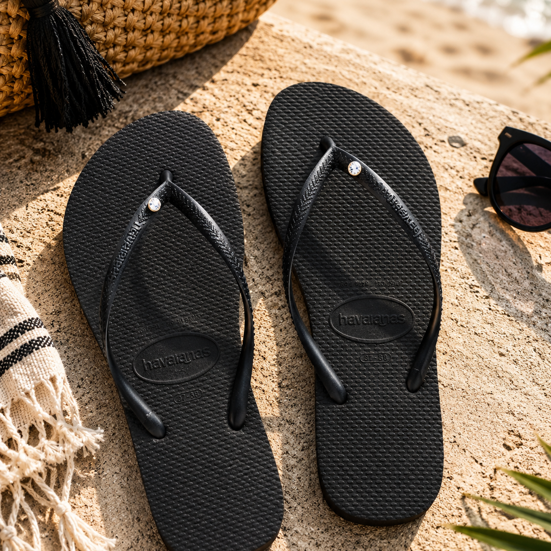 Chanclas Havaianas Slim Crystal negras para mujer en escenario playa mediterránea premium