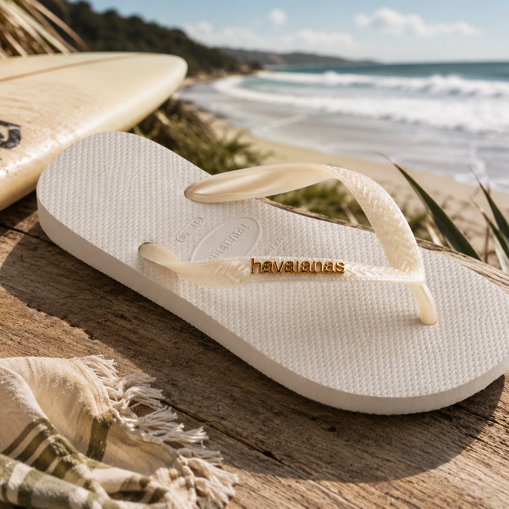 Chanclas Havaianas Slim Crystal blancas para mujer sobre mesa de madera frente al mar en ambiente surf lifestyle premium Costa del Sol