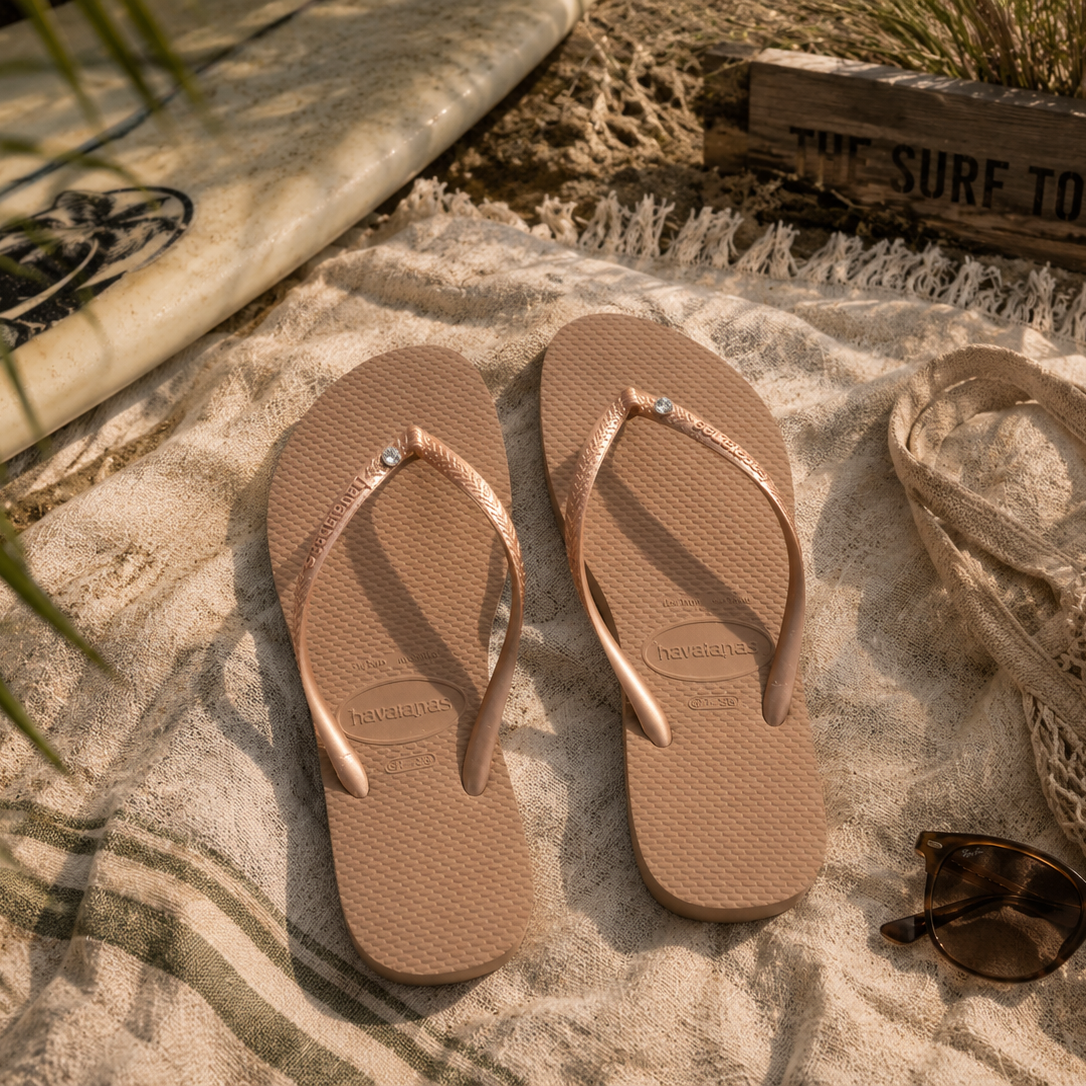 Chanclas Havaianas Slim Crystal Rose Gold para mujer sobre manta beige junto a tabla de surf en ambiente beach lifestyle premium con detalle The Surf Town