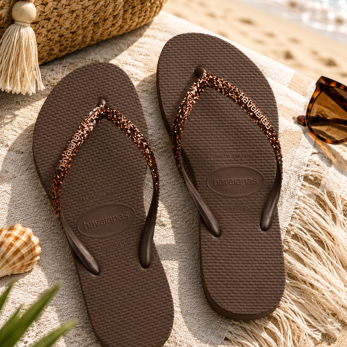 Chanclas Havaianas Slim Glitter II marrones para mujer en escenario playa boho mediterránea premium