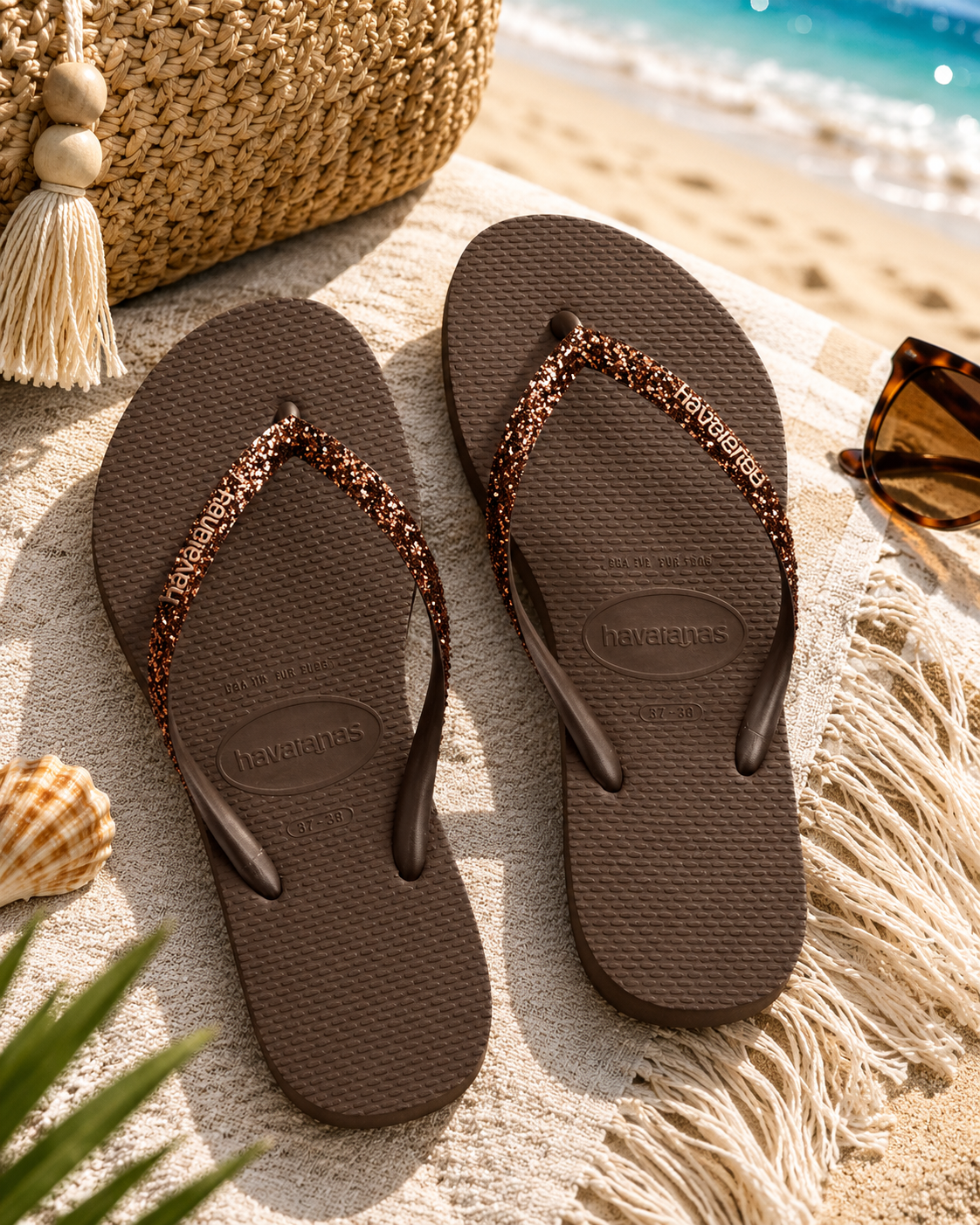 Chanclas Havaianas Slim Glitter II marrones para mujer en escenario playa boho mediterránea premium