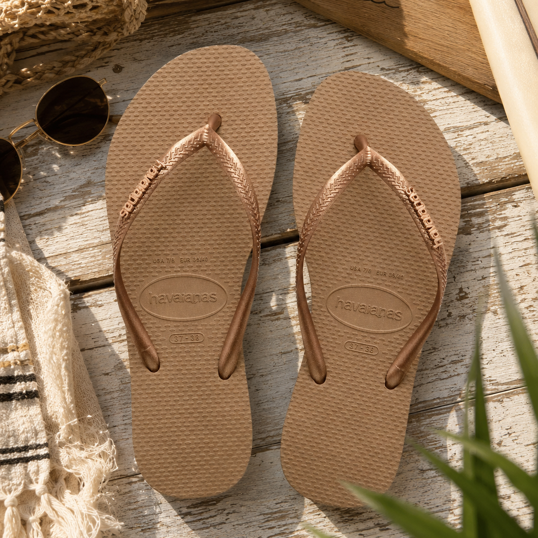 Chanclas Havaianas Slim Logo Metallic Gold para mujer en ambiente beach lifestyle premium de THE SURF TOWN