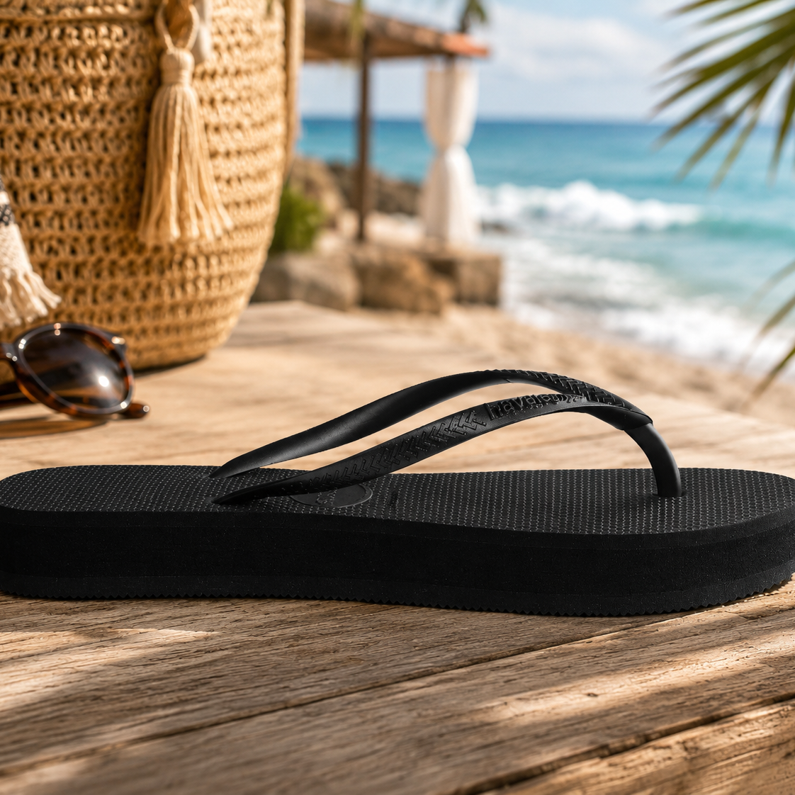 Chanclas Havaianas Slim Platform negras para mujer en escenario playa mediterránea premium