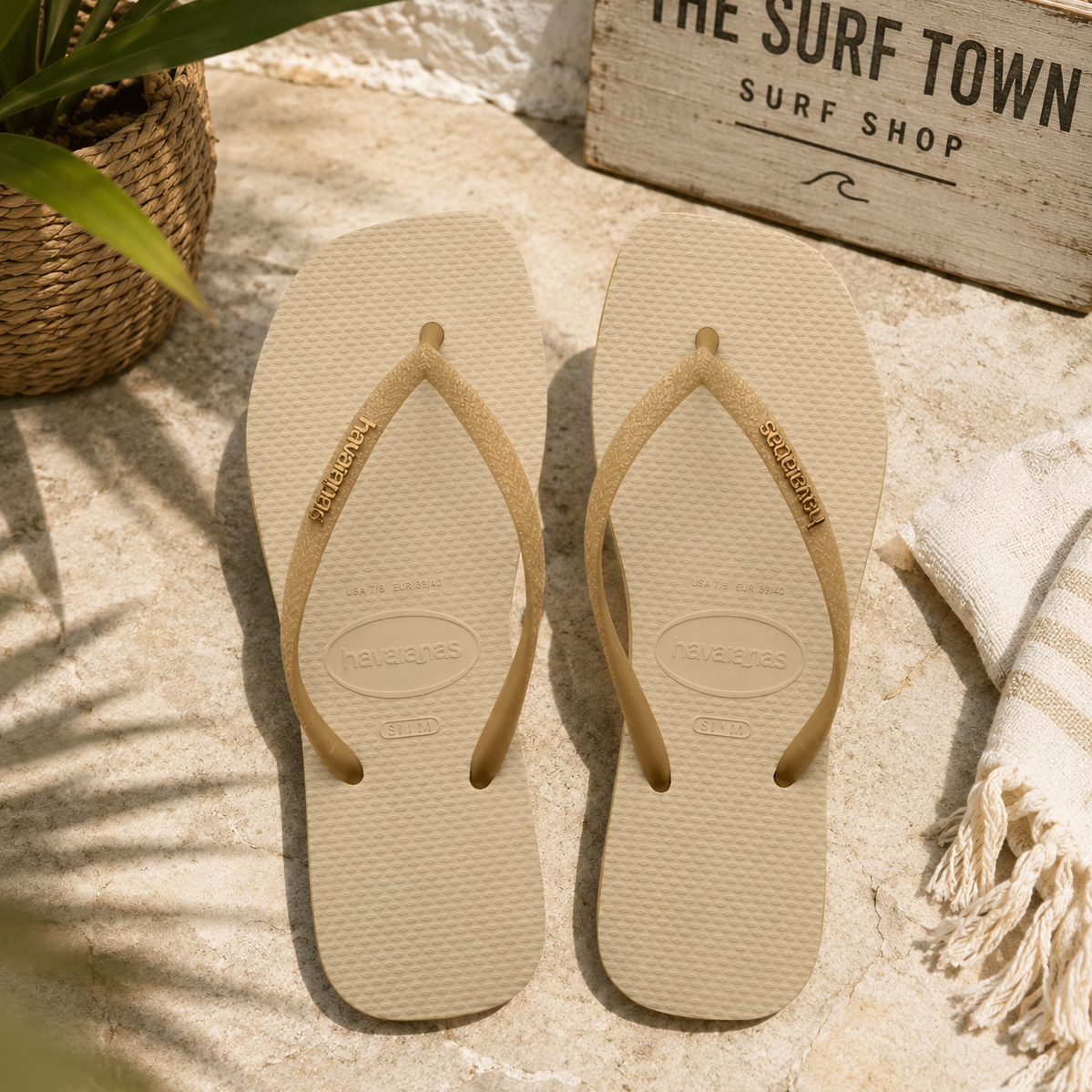 Chanclas Havaianas Slim Square Sparkle color sand grey para mujer en escenario beach club mediterráneo premium