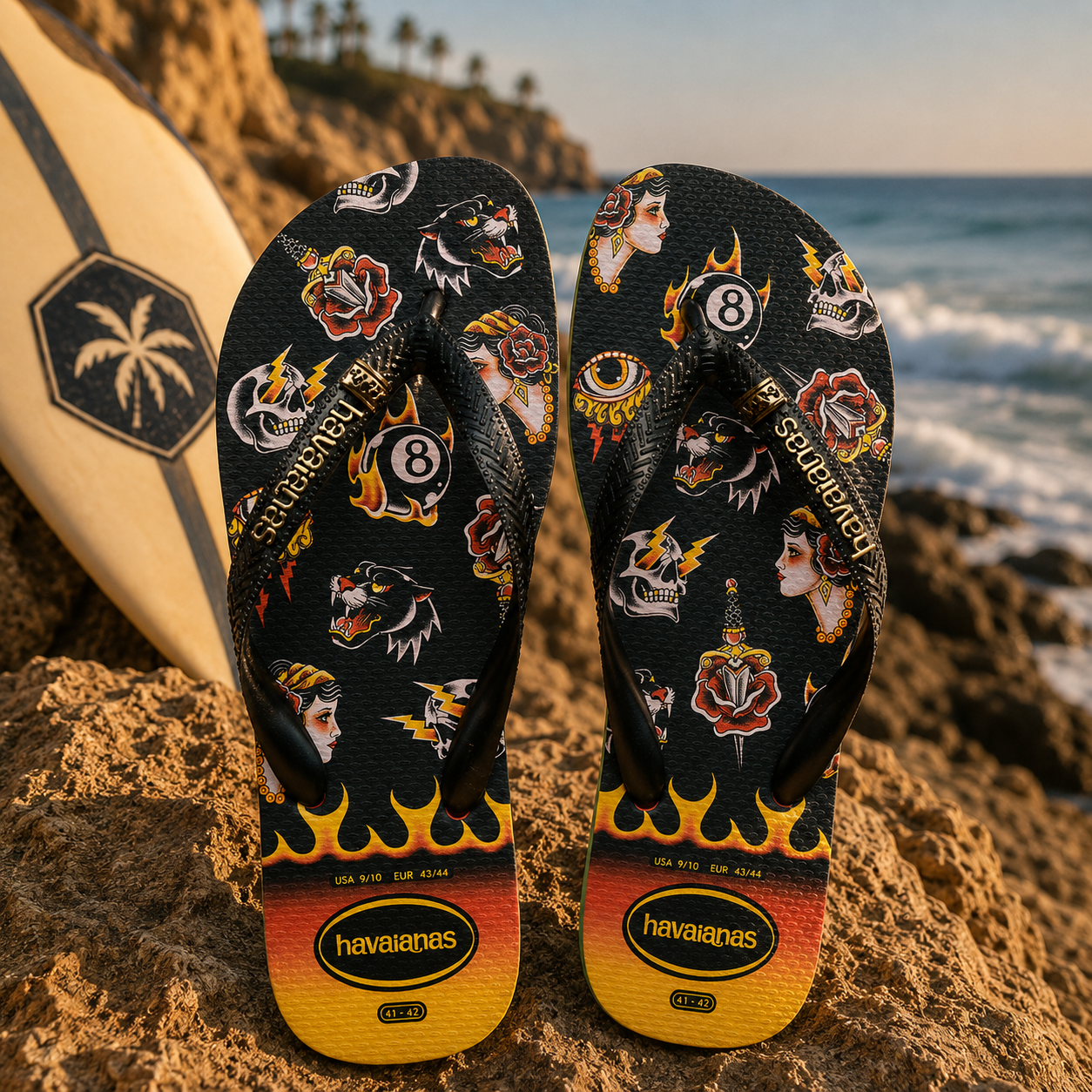 Chanclas Havaianas Top Tribo ERD negras con diseño tattoo old school sobre rocas frente al mar en ambiente surf lifestyle premium