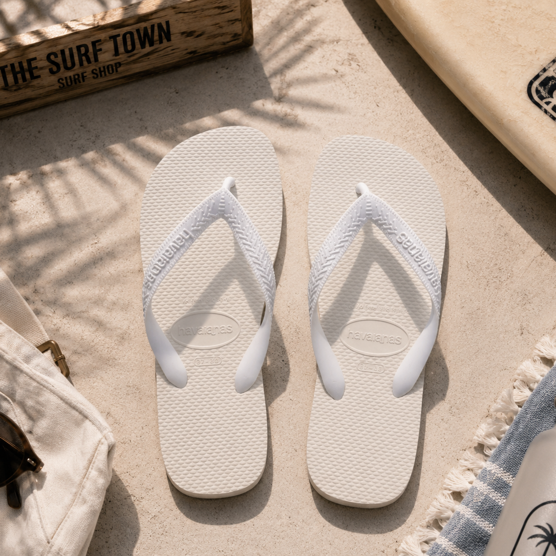 Chanclas Havaianas Top blancas sobre suelo mediterráneo junto a accesorios beach lifestyle y detalle The Surf Town Surf Shop en ambiente surf premium