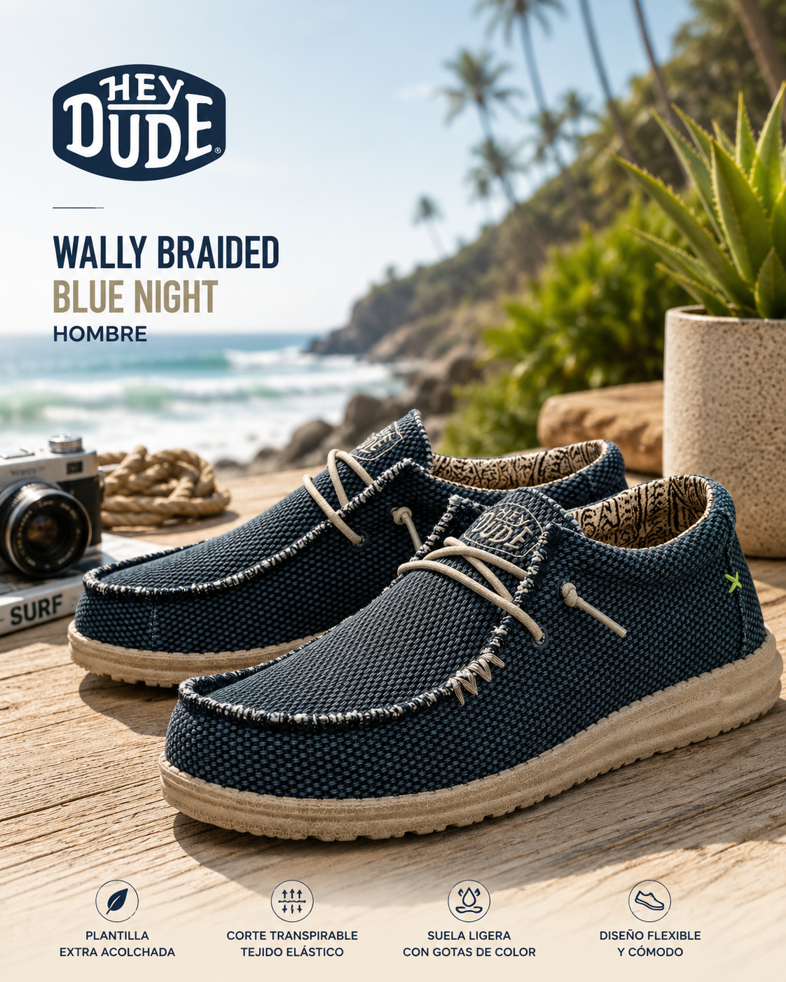 Zapatillas Hey Dude Wally Braided Blue Night para hombre en escena surf lifestyle premium frente al mar