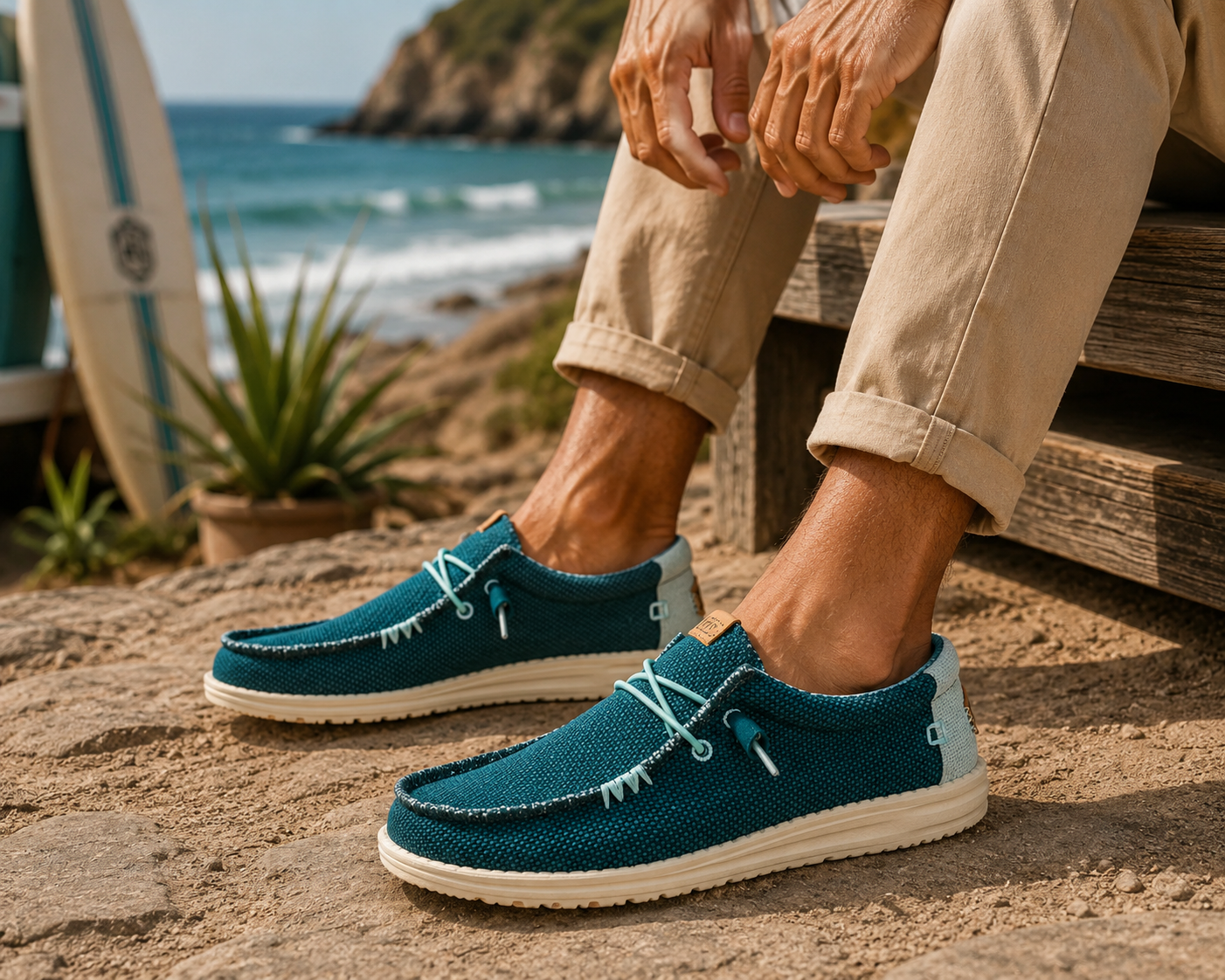Zapatillas Hey Dude hombre verde petróleo estilo coastal surf premium junto a la costa
