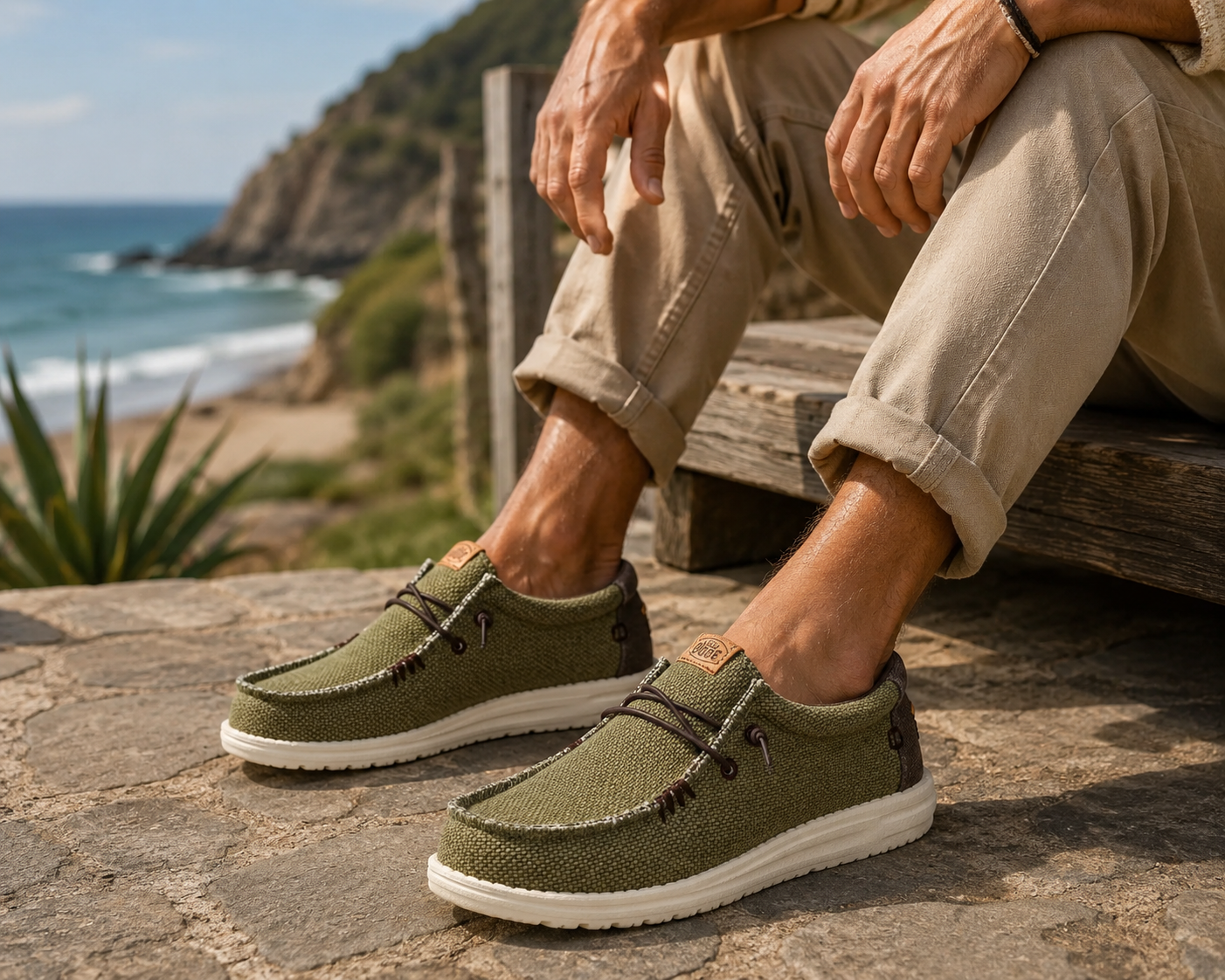 Zapatillas Hey Dude hombre verde oliva estilo coastal surf premium junto a acantilados y playa