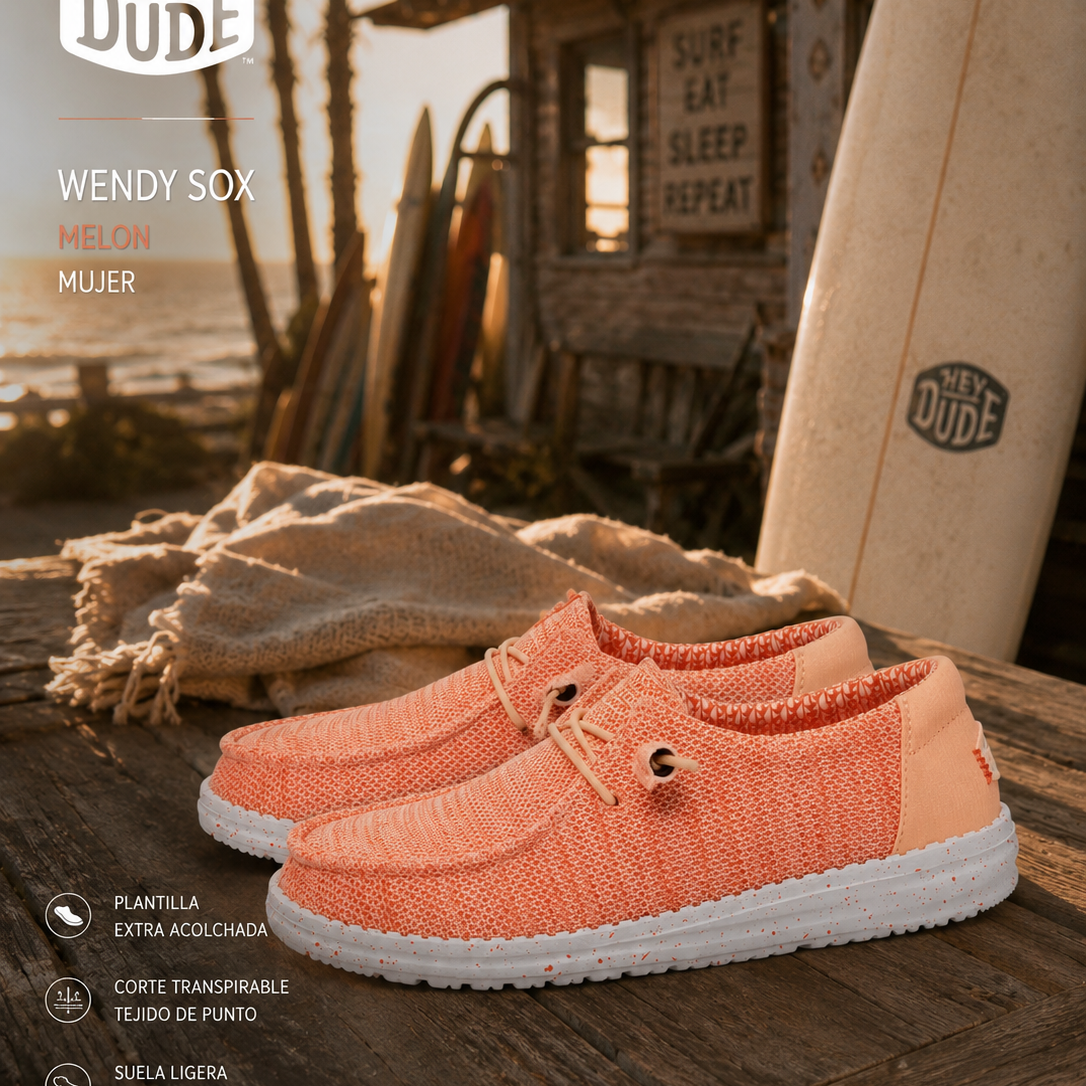 Zapatillas Hey Dude Wendy Sox Peach para mujer en escenario surf lifestyle premium junto al mar con estética coastal cinema y luz cálida editorial