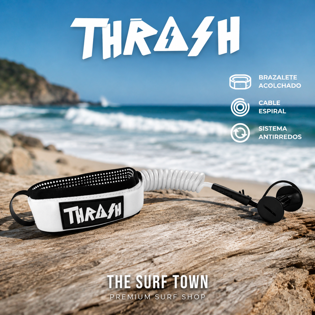invento thrash de color blanco y negro en una imagen editorial propia de the surf town en una madera en la playa