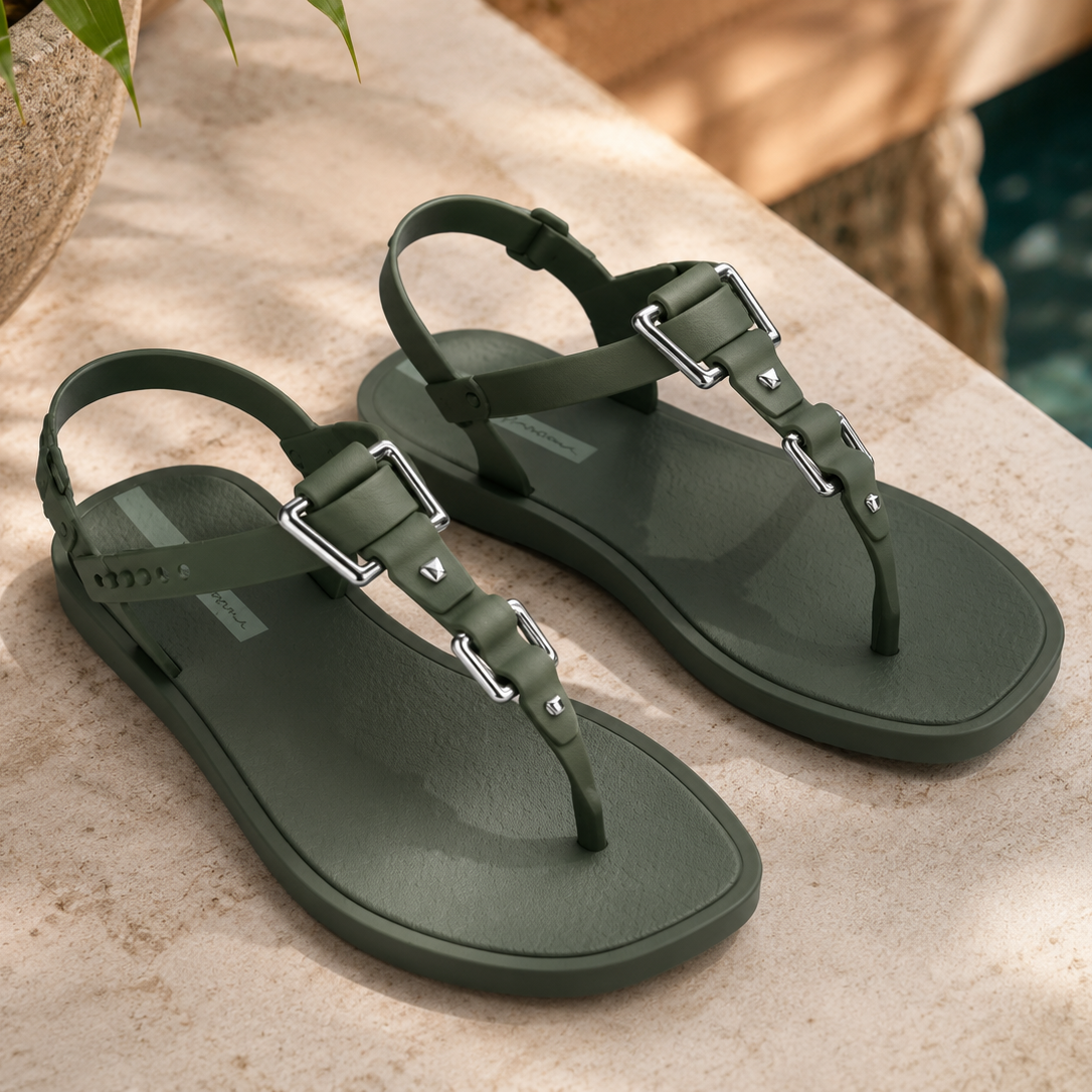Sandalias Ipanema Class Urbane Sandal Fem verdes en ambiente coastal luxury junto a piscina mediterránea