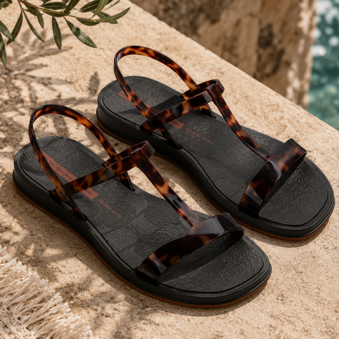 Sandalias Ipanema Glow Trendy negras con acabado turtle en terraza mediterránea coastal luxury
