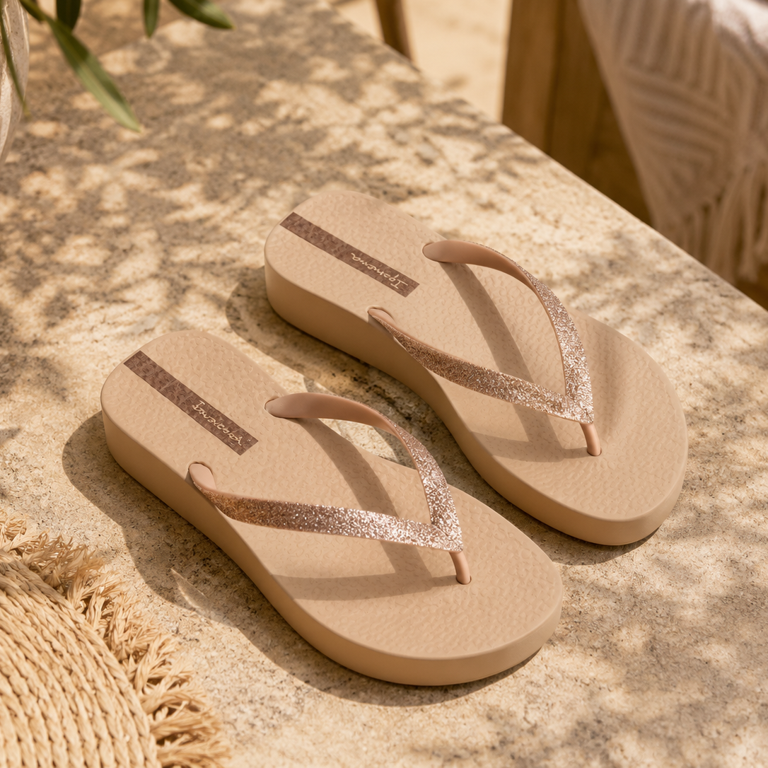 Chanclas Ipanema Mesh Chic Plat beige con glitter rose gold en terraza mediterránea coastal luxury