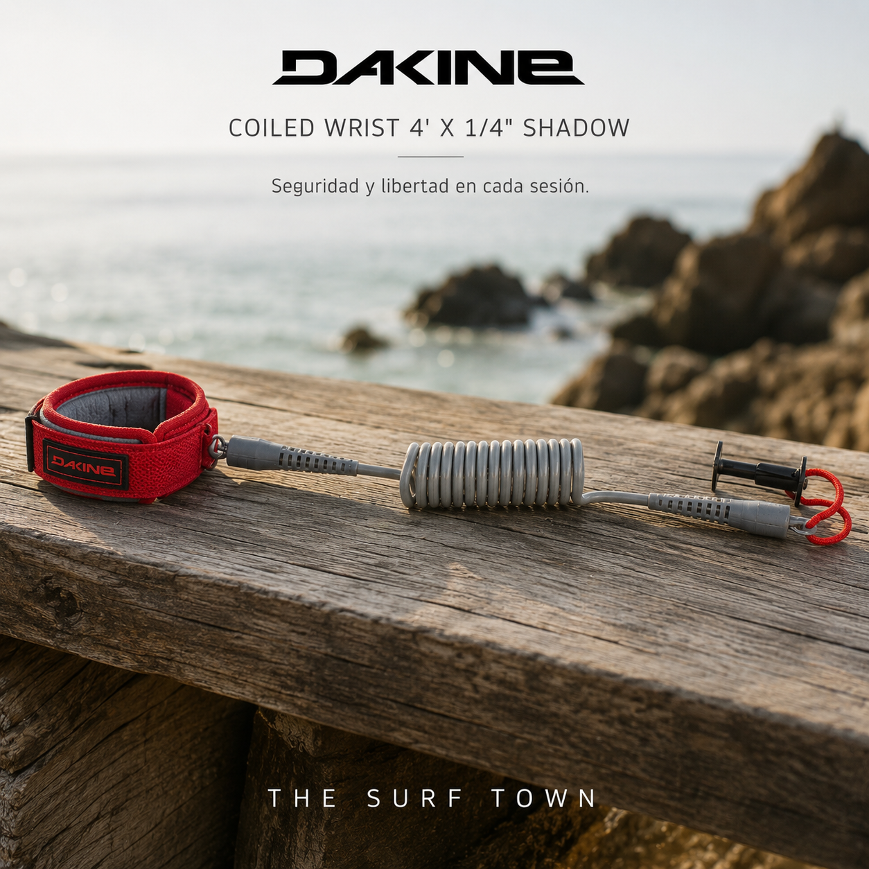 Leash Dakine Windfoil Bodyboard Coiled Wrist 4 x 1/4 Shadow en fotografía editorial propia de THE SURF TOWN, invento de muñeca para bodyboard y windfoil con diseño en espiral de alta resistencia