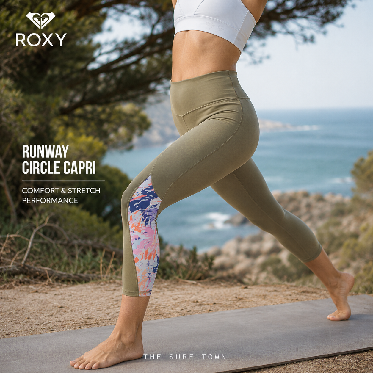 Leggins Yoga Roxy Runway Circle Covert Green Capri en fotografía editorial propia de THE SURF TOWN, mallas deportivas para yoga y entrenamiento con estampado floral lateral en entorno costero premium