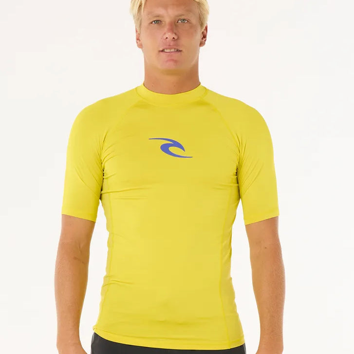 licra RIP CURL hombre amarilla UPF 50 surf manga corta protección solar cómoda