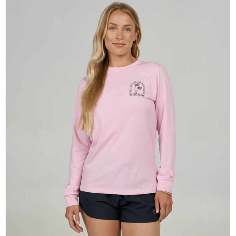 Licra Salty Crew Archway Sunshirt Pink Skies para mujer con manga larga, protección solar y diseño surfero para deportes acuáticos