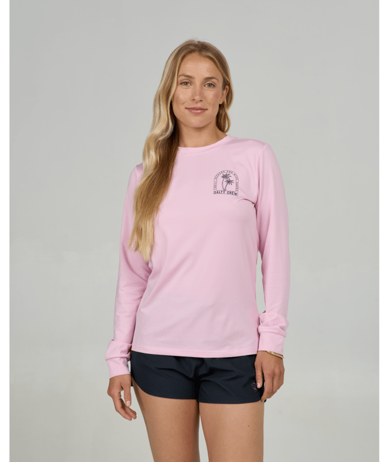 Licra Salty Crew Archway Sunshirt Pink Skies para mujer con manga larga, protección solar y diseño surfero para deportes acuáticos
