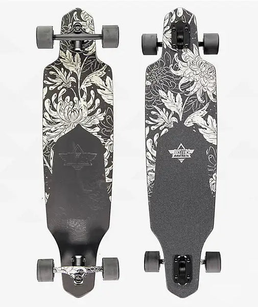 Longboard DUSTERS Channel Blooming 38 pulgadas negro diseño floral tabla completa carving cruising ciudad