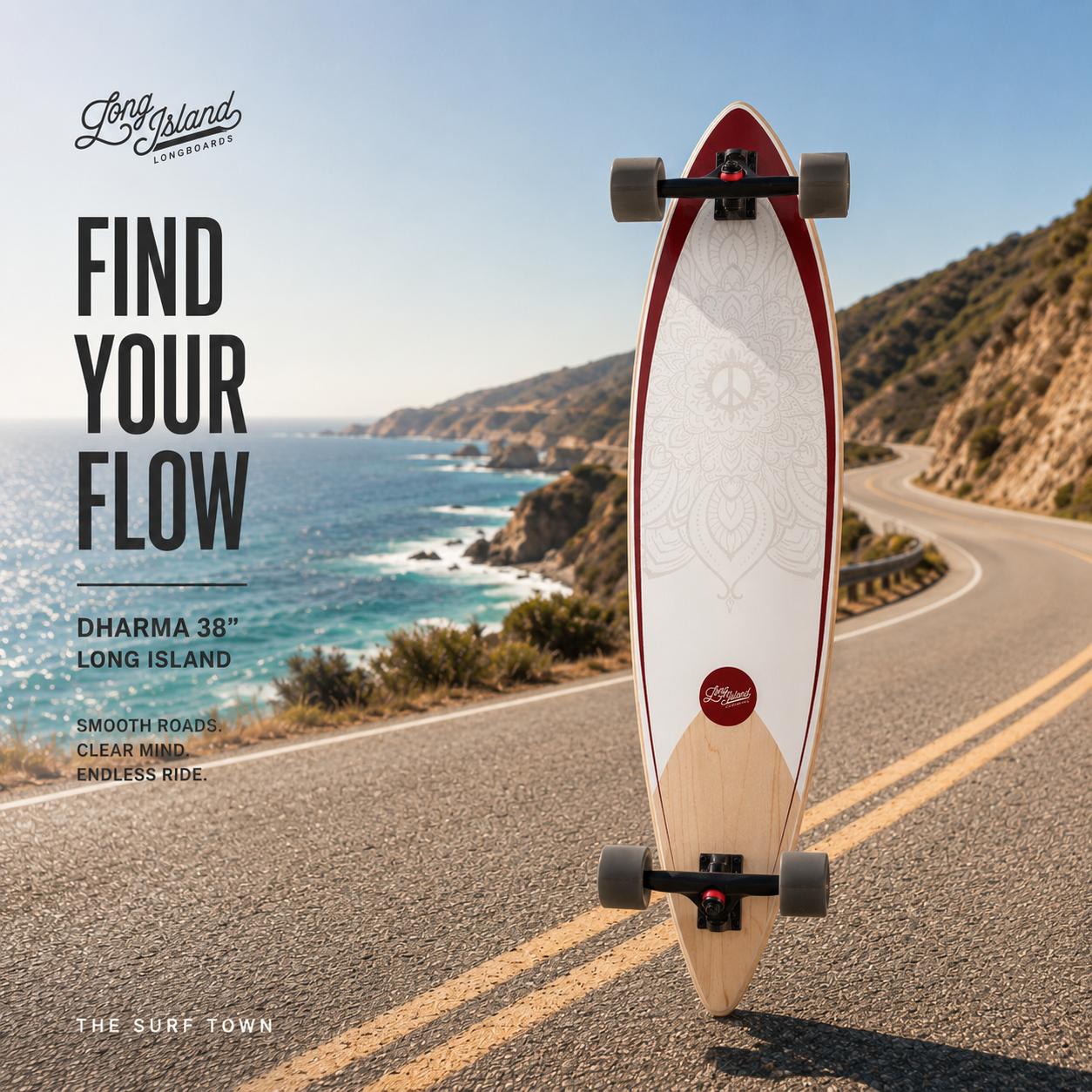 LongSkate Long Island Dharma 38 en fotografía propia de THE SURF TOWN sobre carretera costera premium con estilo surf skate lifestyle y vistas al océano.