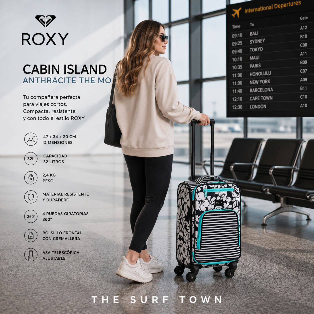 Maleta de Viaje Roxy Cabin Island Anthracite The Mo en fotografía editorial propia de THE SURF TOWN con estilo travel lifestyle premium en aeropuerto internacional