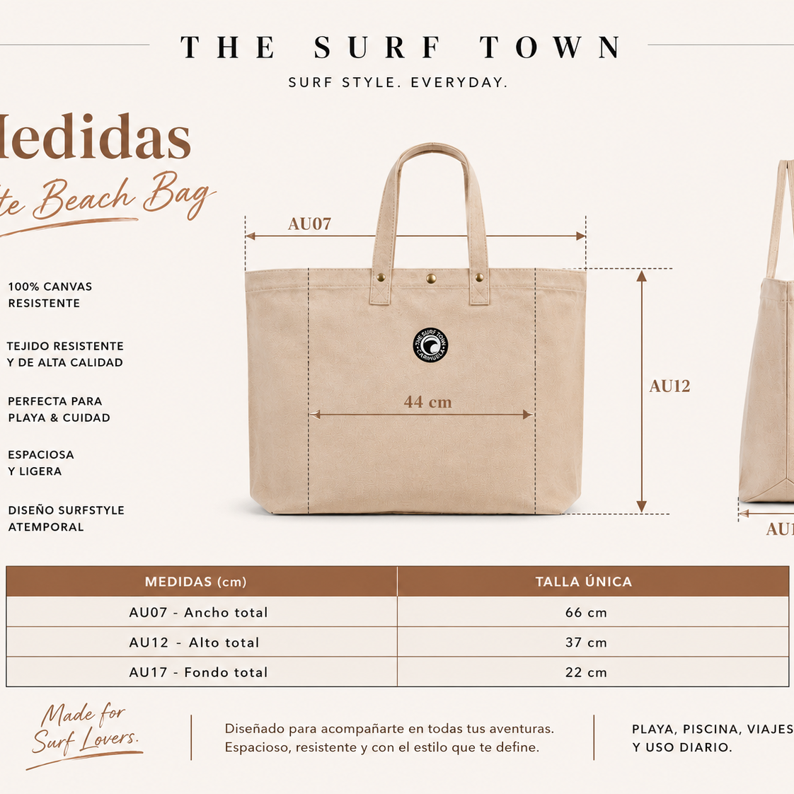 Guía de medidas del Bolso de Playa The Surf Town Tote Beach Bag con dimensiones detalladas, capacidad shopper grande y diseño exclusivo THE SURF TOWN para playa y verano.