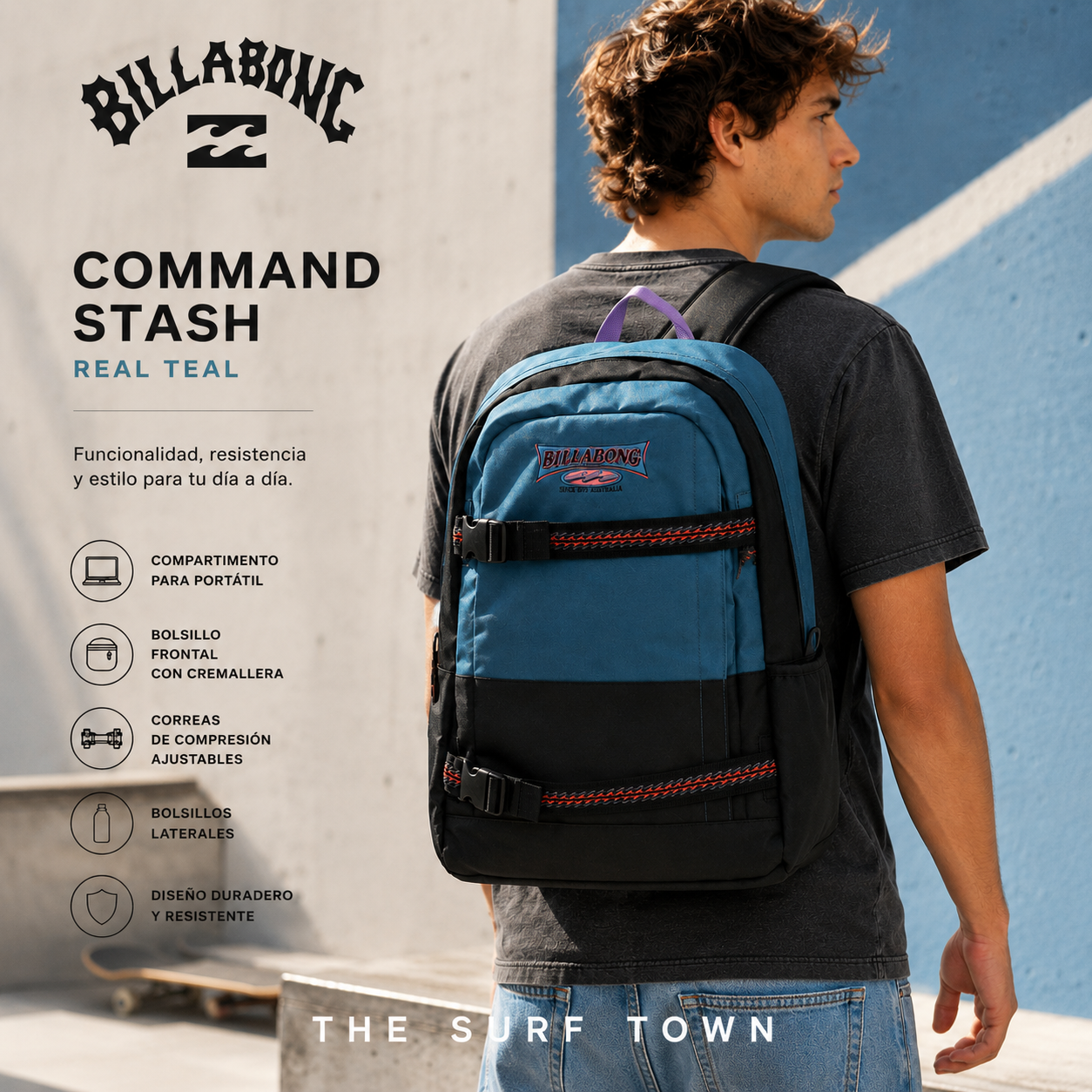 Mochila Billabong Command Stash Real Teal en fotografía editorial propia de THE SURF TOWN con estilo lifestyle premium y luz solar intensa