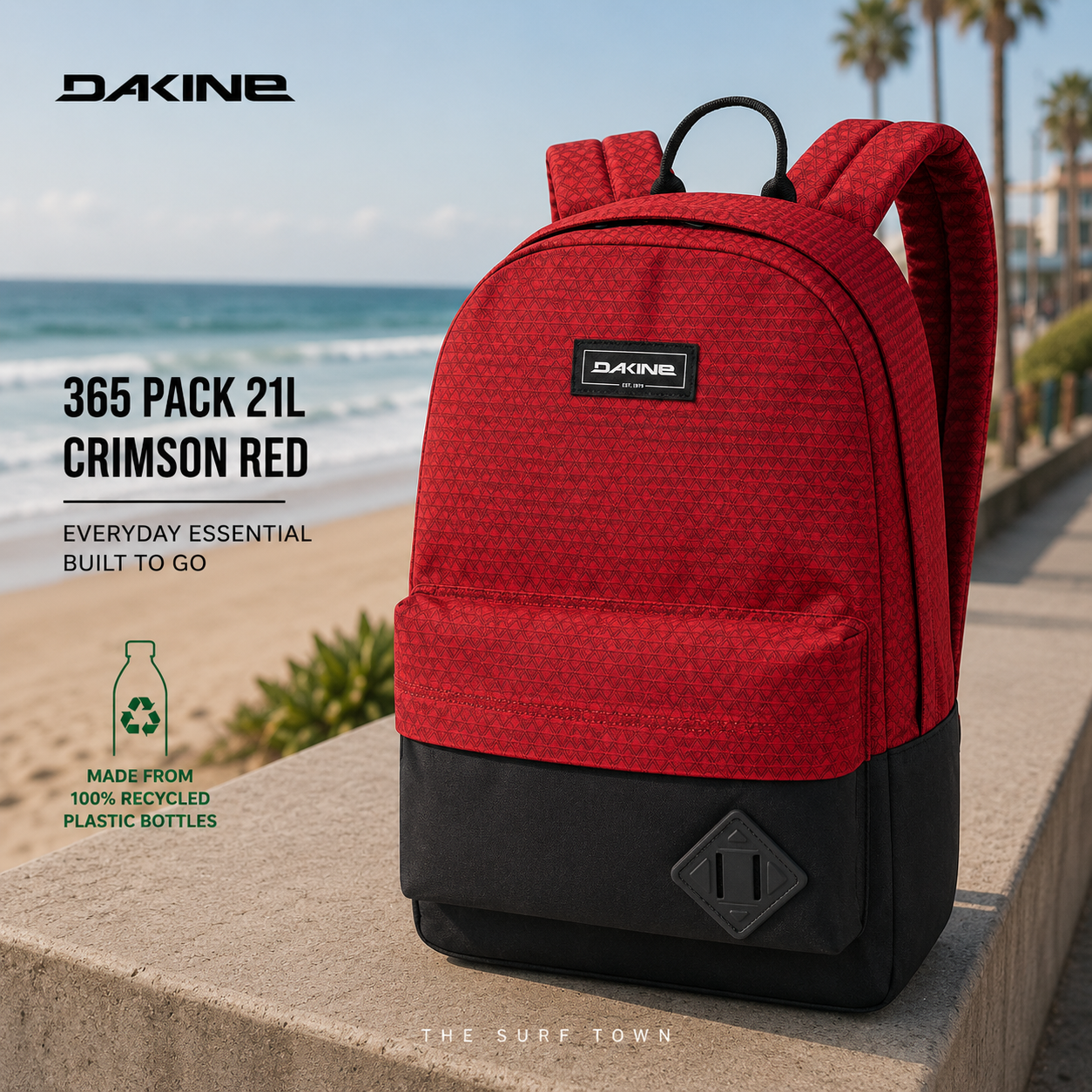 Mochila Dakine 365 Pack 21L Crimson Red en fotografía editorial propia de THE SURF TOWN, mochila roja fabricada con materiales reciclados para uso diario, universidad, viajes y surf lifestyle