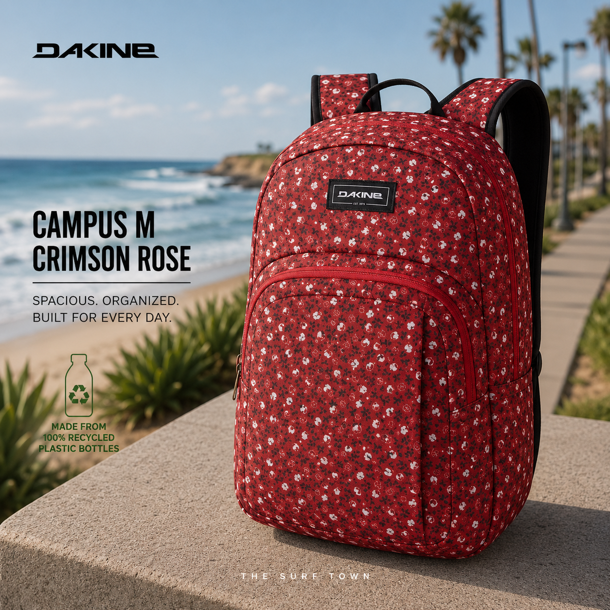 Mochila Dakine Campus M Crimson Rose 25L en fotografía editorial propia de THE SURF TOWN, mochila estampada floral roja fabricada con materiales reciclados para instituto, universidad y uso diario