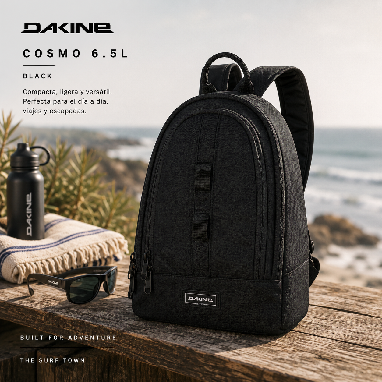 Mochila Dakine Cosmo 6.5L Black en fotografía editorial propia de THE SURF TOWN con estilo coastal lifestyle y diseño compacto para uso diario