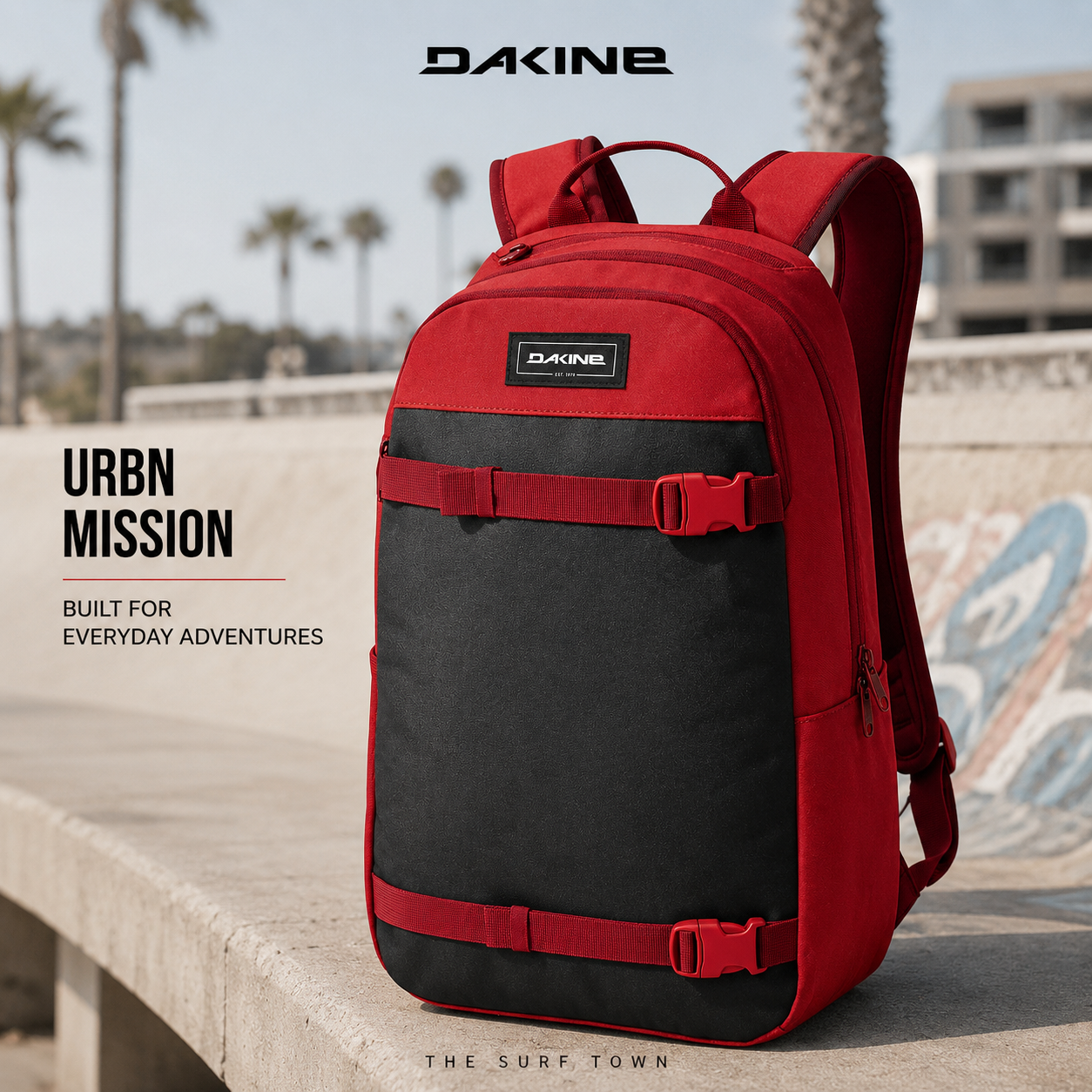 Mochila Dakine Urbn Mission Deep Crimson en fotografía editorial propia de THE SURF TOWN, mochila urbana roja y negra para uso diario, skate y surf lifestyle