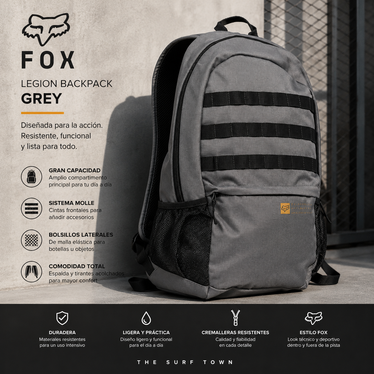 Mochila Fox Legion Backpack Grey en fotografía editorial propia de THE SURF TOWN con diseño técnico, gran capacidad y estilo deportivo para uso diario, viajes y aventura