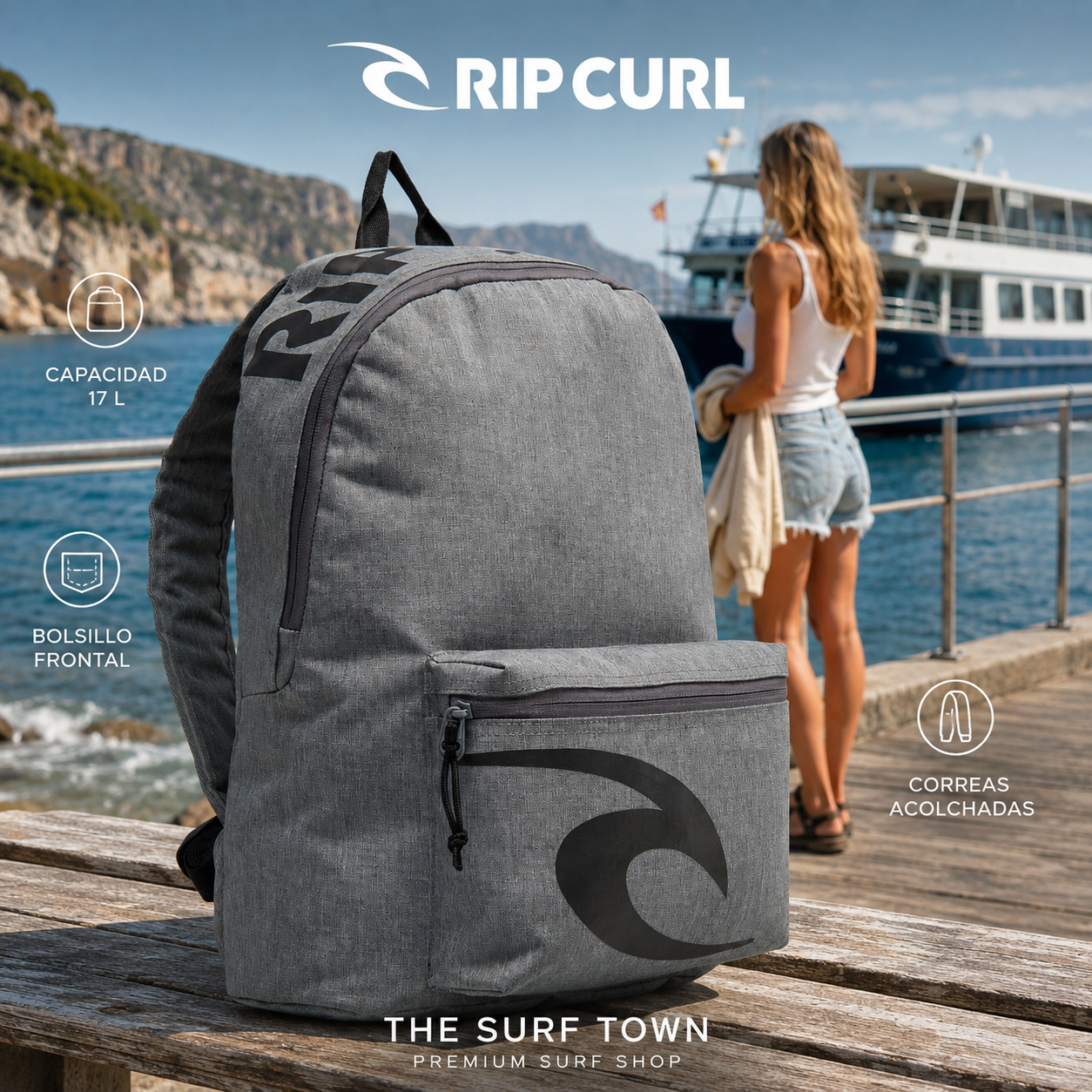 Mochila Rip Curl Dome Grey Marle de 17 litros en un embarcadero, imagen editorial propia de THE SURF TOWN